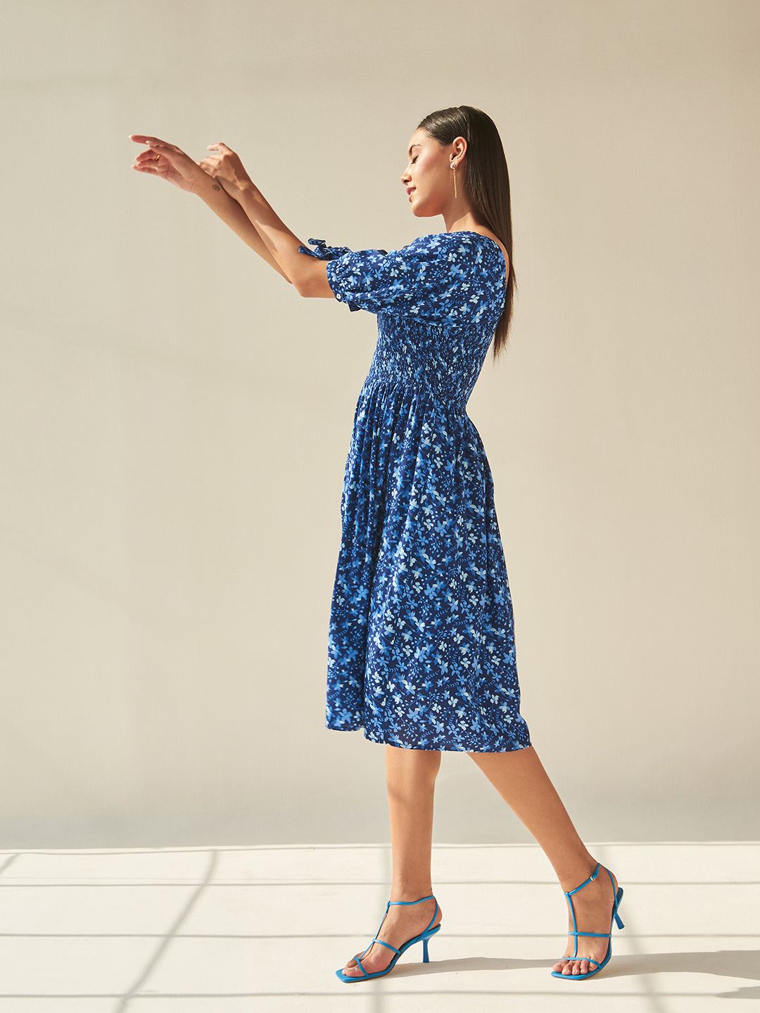 Blue Floral Smocked Midi Dress