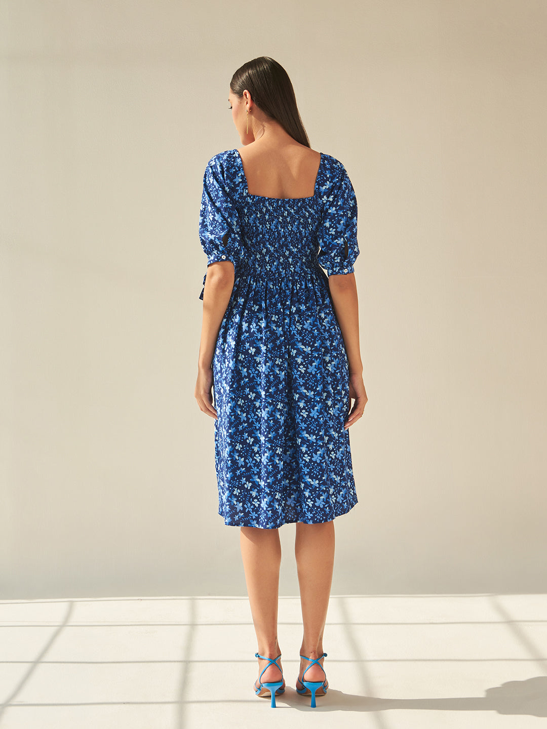 Blue Floral Smocked Midi Dress