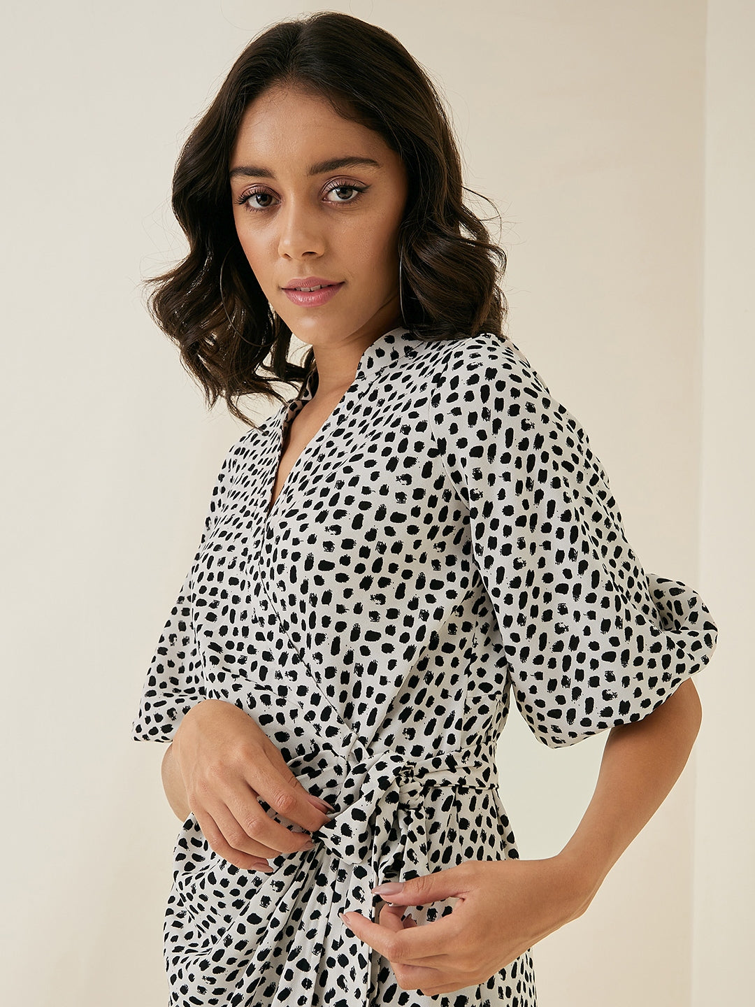 Black Printed Wrap Midi Shirt Dress