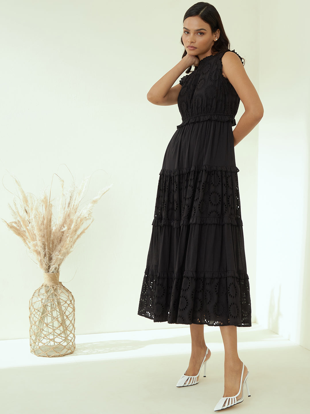 Black Cotton Schiffli Tier Maxi Dress
