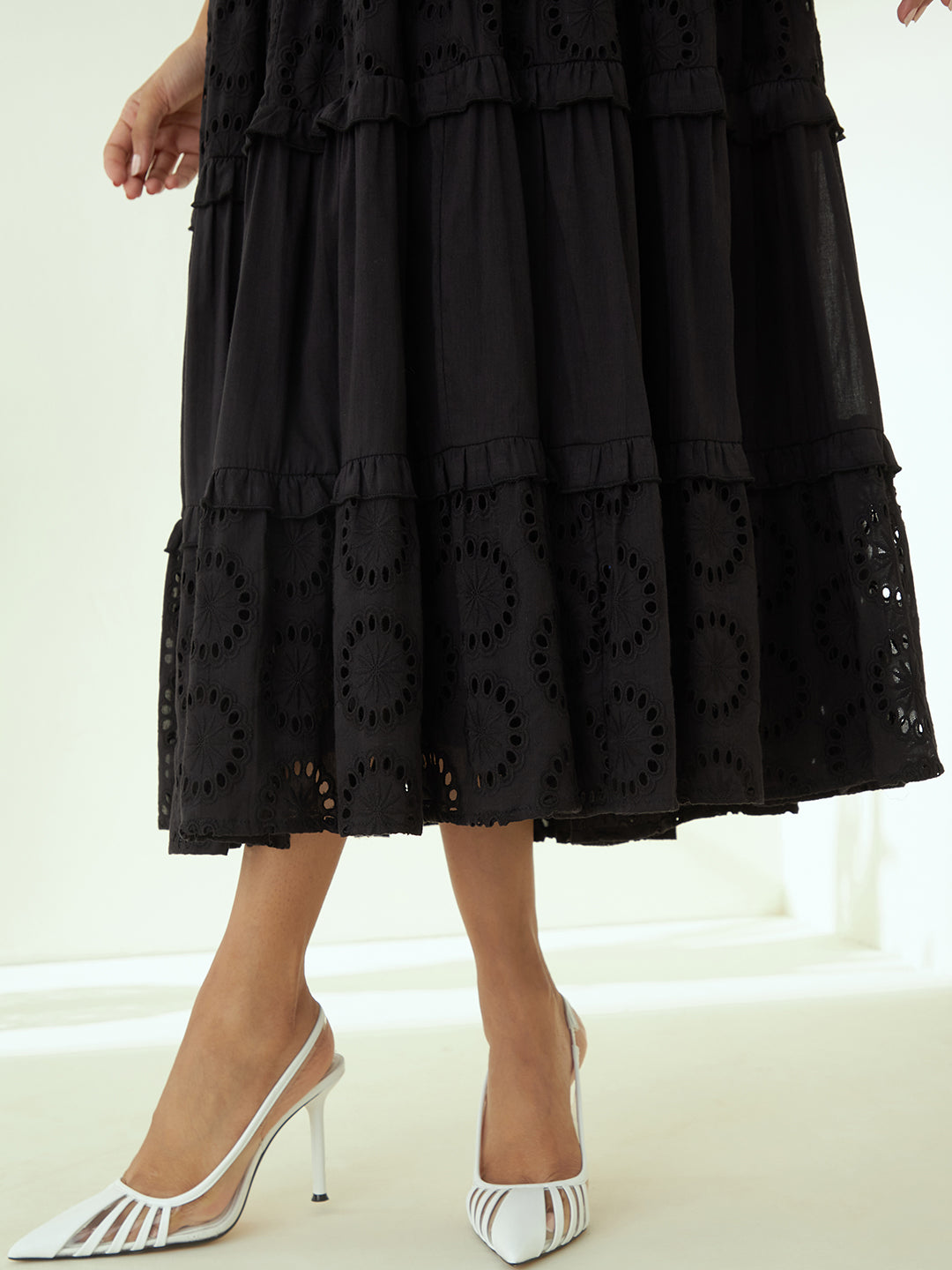 Black Cotton Schiffli Tier Maxi Dress