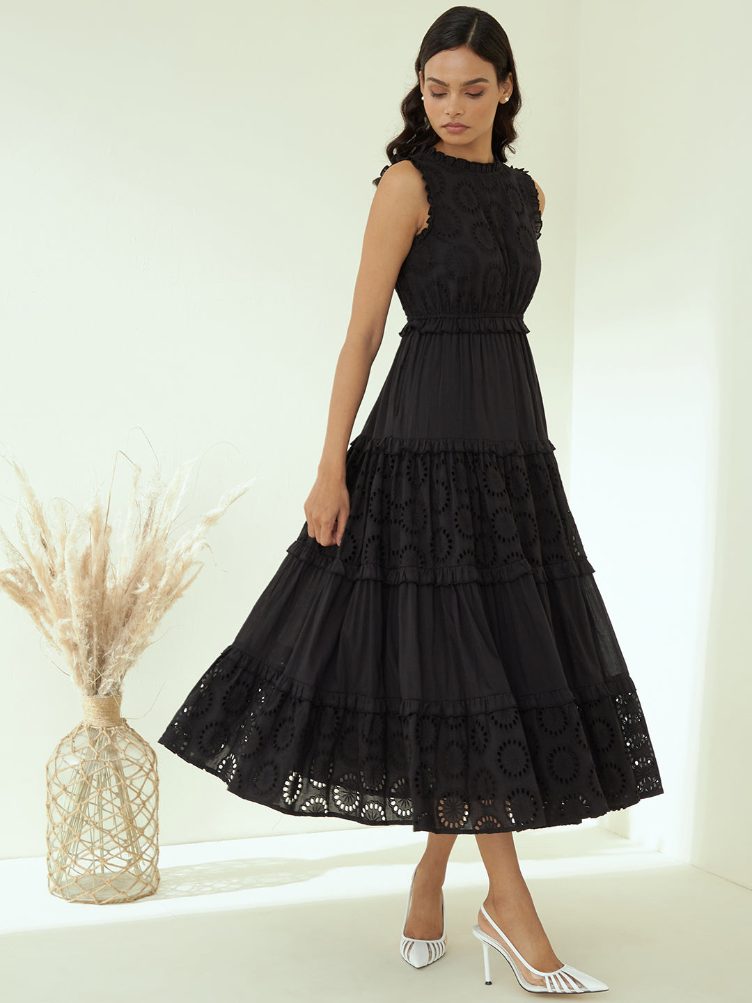 Black Cotton Schiffli Tier Maxi Dress