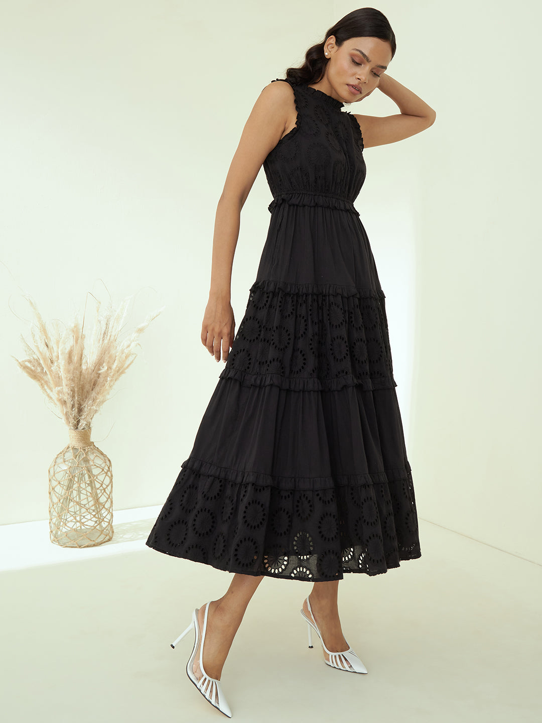Black Cotton Schiffli Tier Maxi Dress