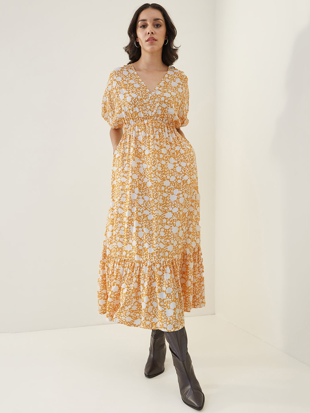 Mustard And White Floral Kimono Maxi Dress
