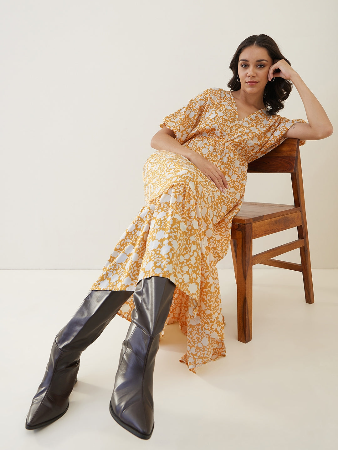 Mustard And White Floral Kimono Maxi Dress