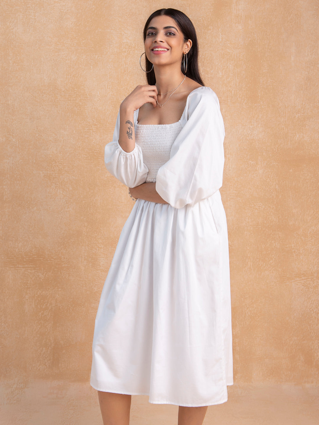 White Cotton Smocked Midi Dress
