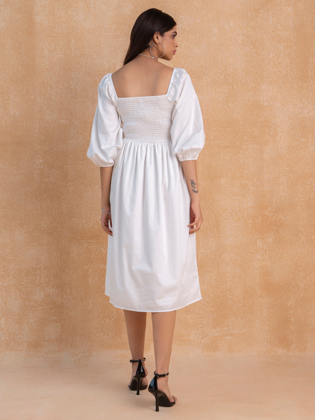 White Cotton Smocked Midi Dress
