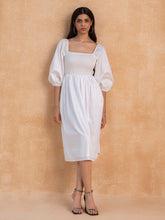 White Cotton Smocked Midi Dress