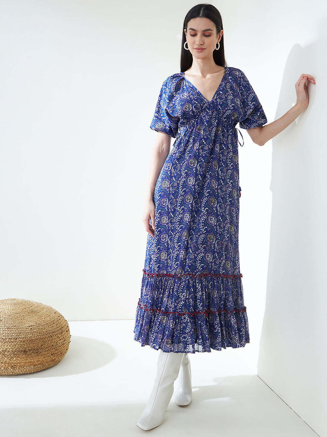 Blue Printed Cotton Tiered Maxi Dress