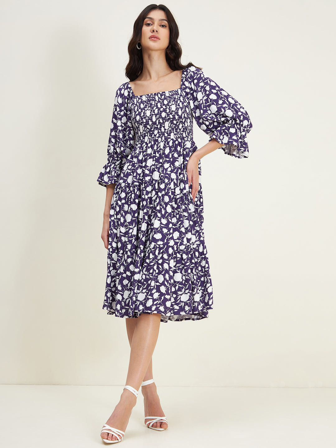 Purple Floral Smocked Tiered Midi Dress