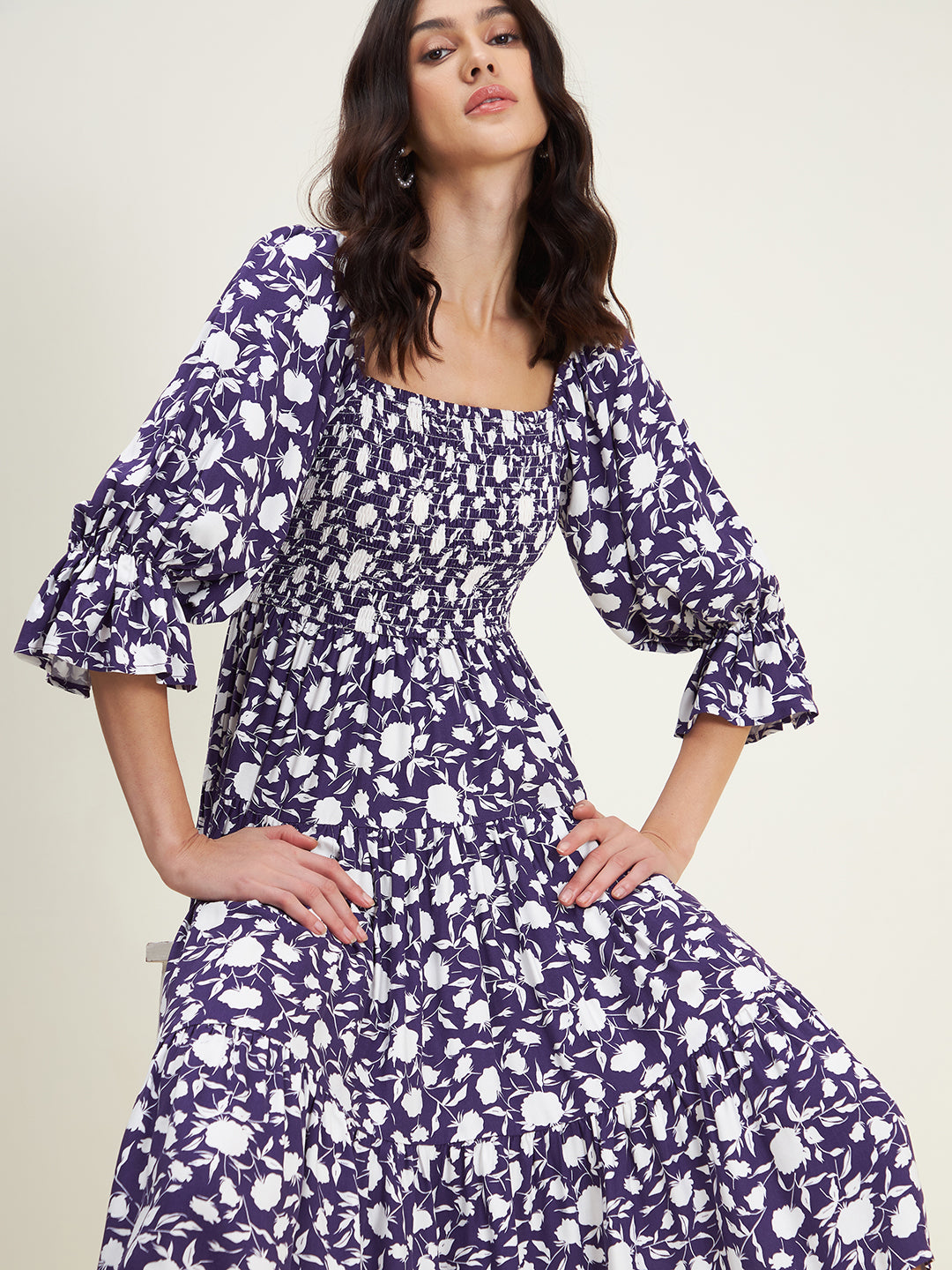 Purple Floral Smocked Tiered Midi Dress
