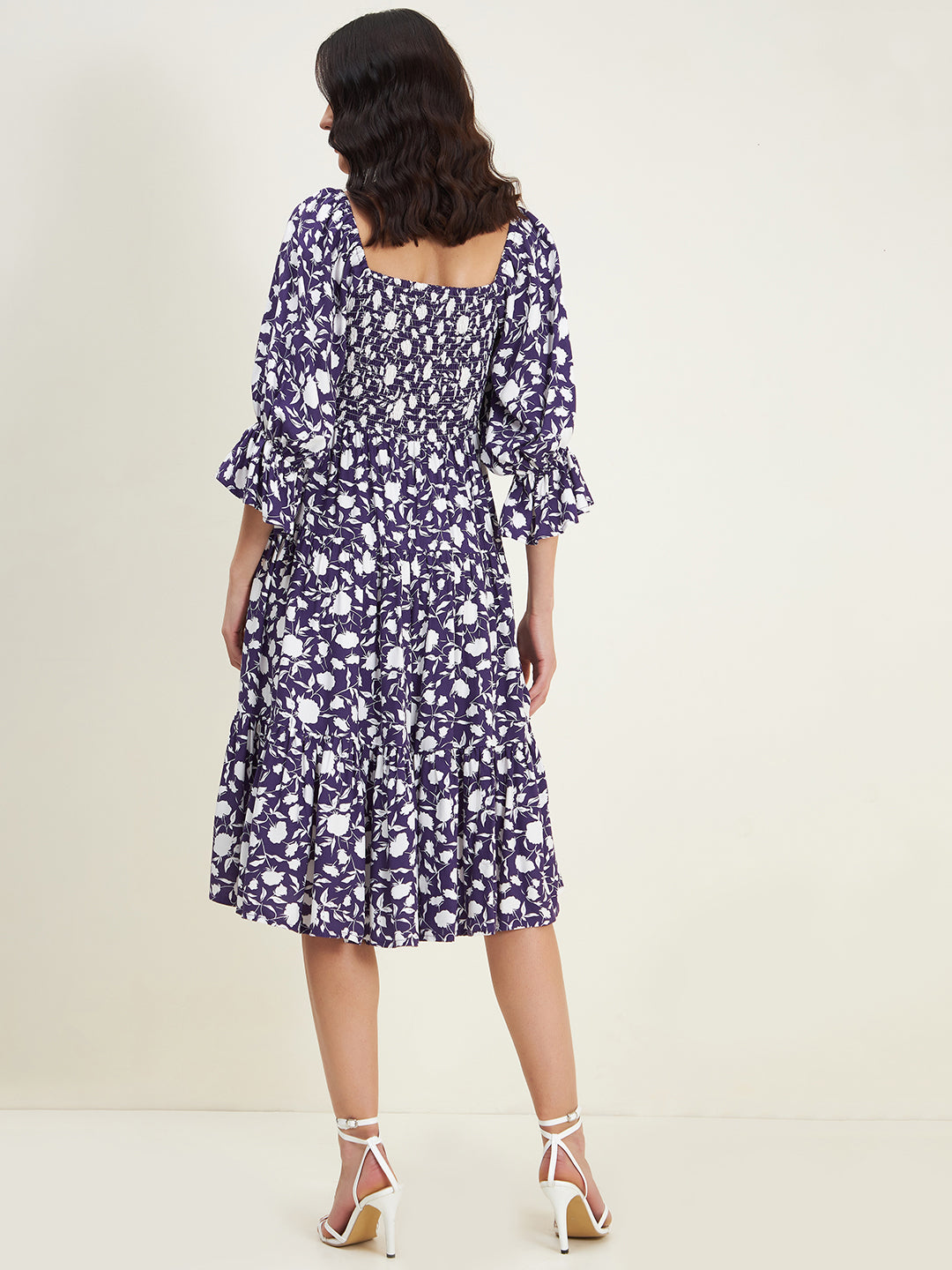 Purple Floral Smocked Tiered Midi Dress