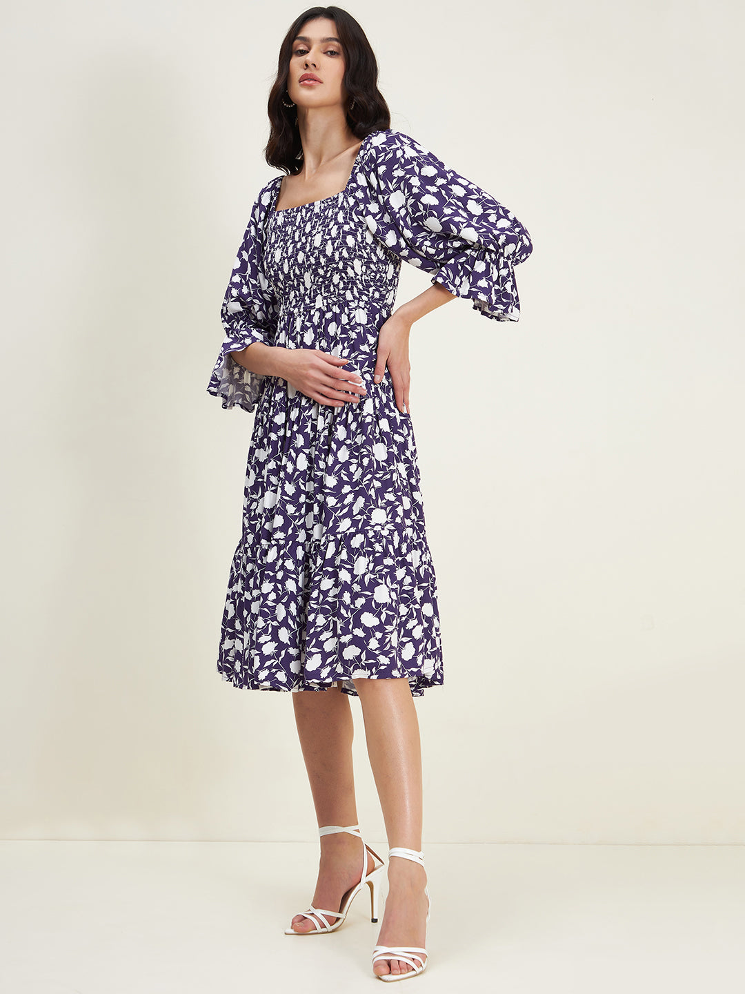 Purple Floral Smocked Tiered Midi Dress
