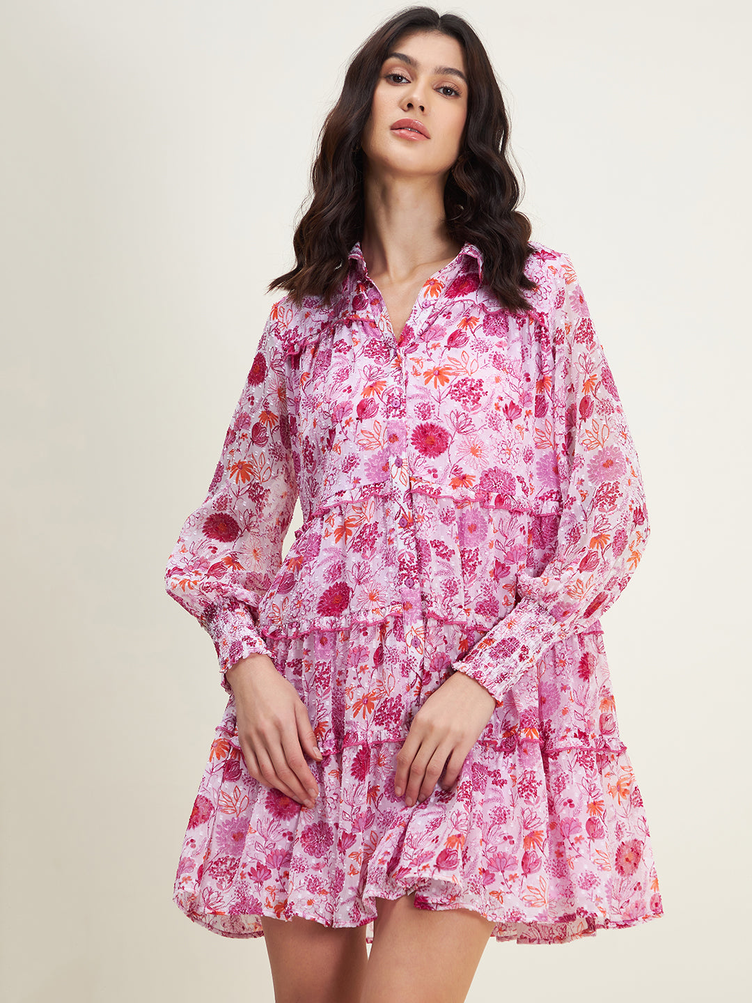 White Floral Tiered Shirt Mini Dress