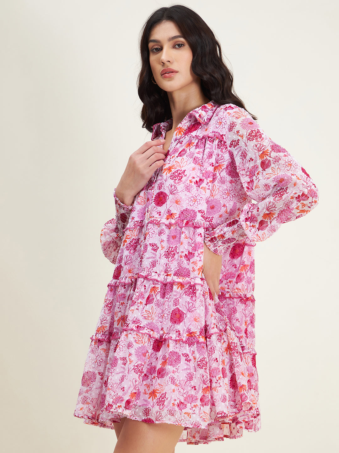 White Floral Tiered Shirt Mini Dress