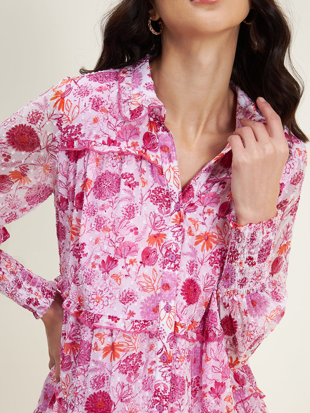 White Floral Tiered Shirt Mini Dress