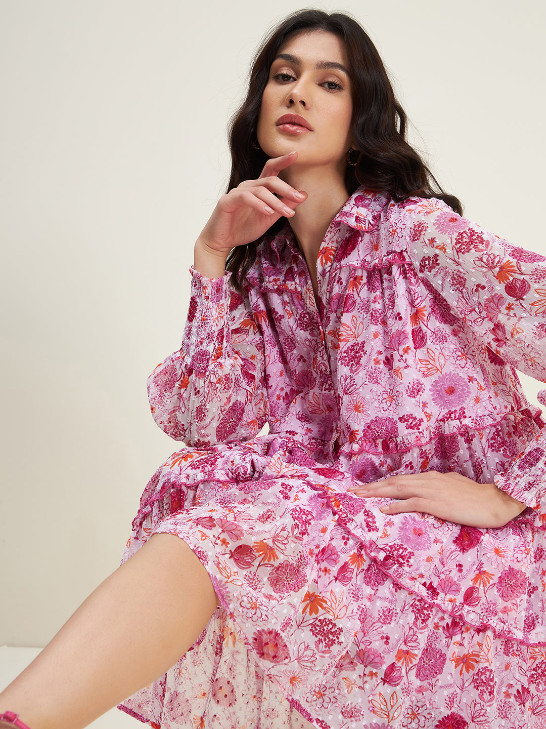 White Floral Tiered Shirt Mini Dress