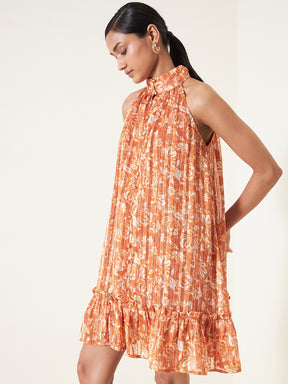 Orange Floral Halterneck Lurex Mini Dress