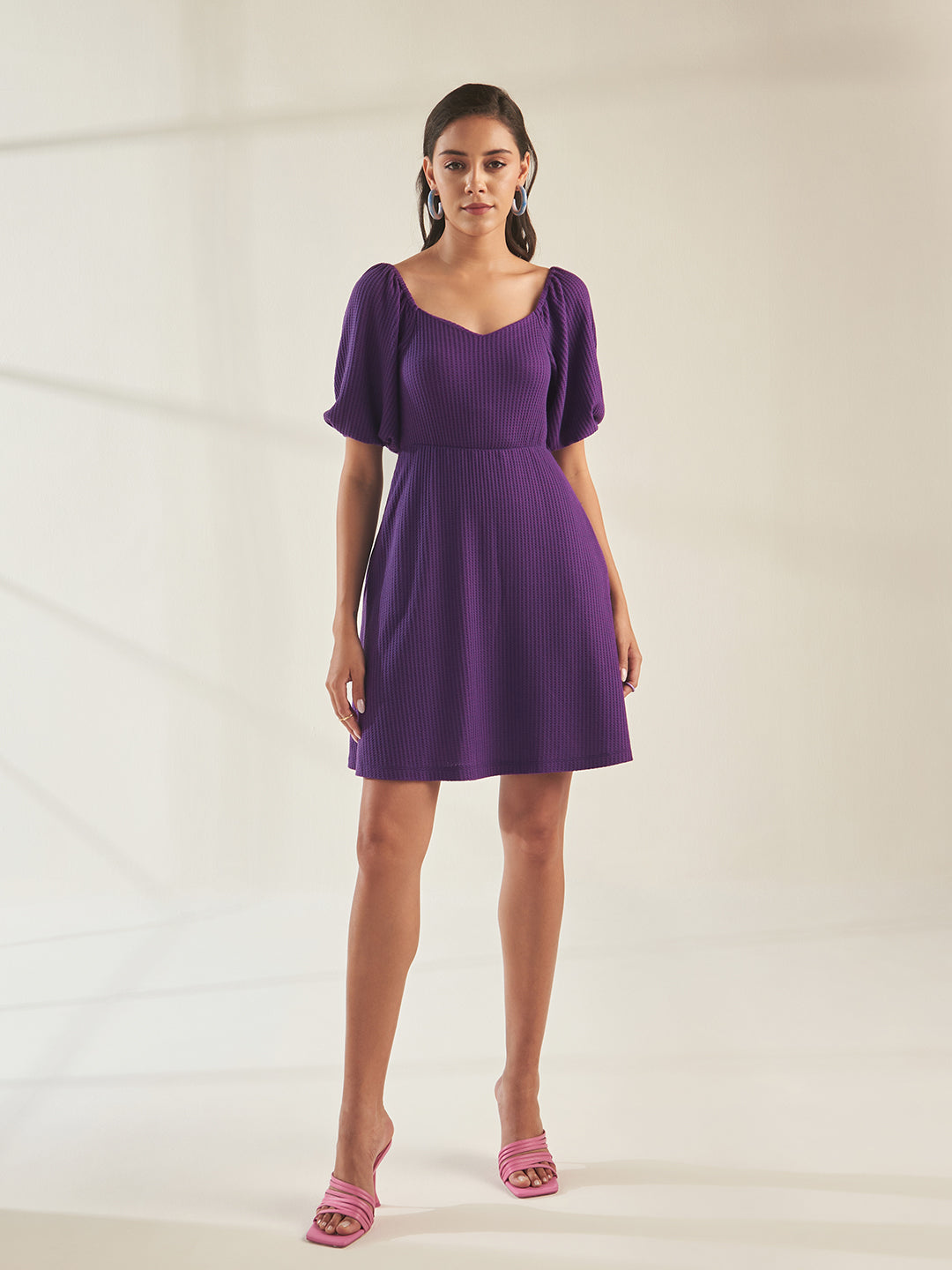 Purple Waffle Fit And Flare Mini Dress