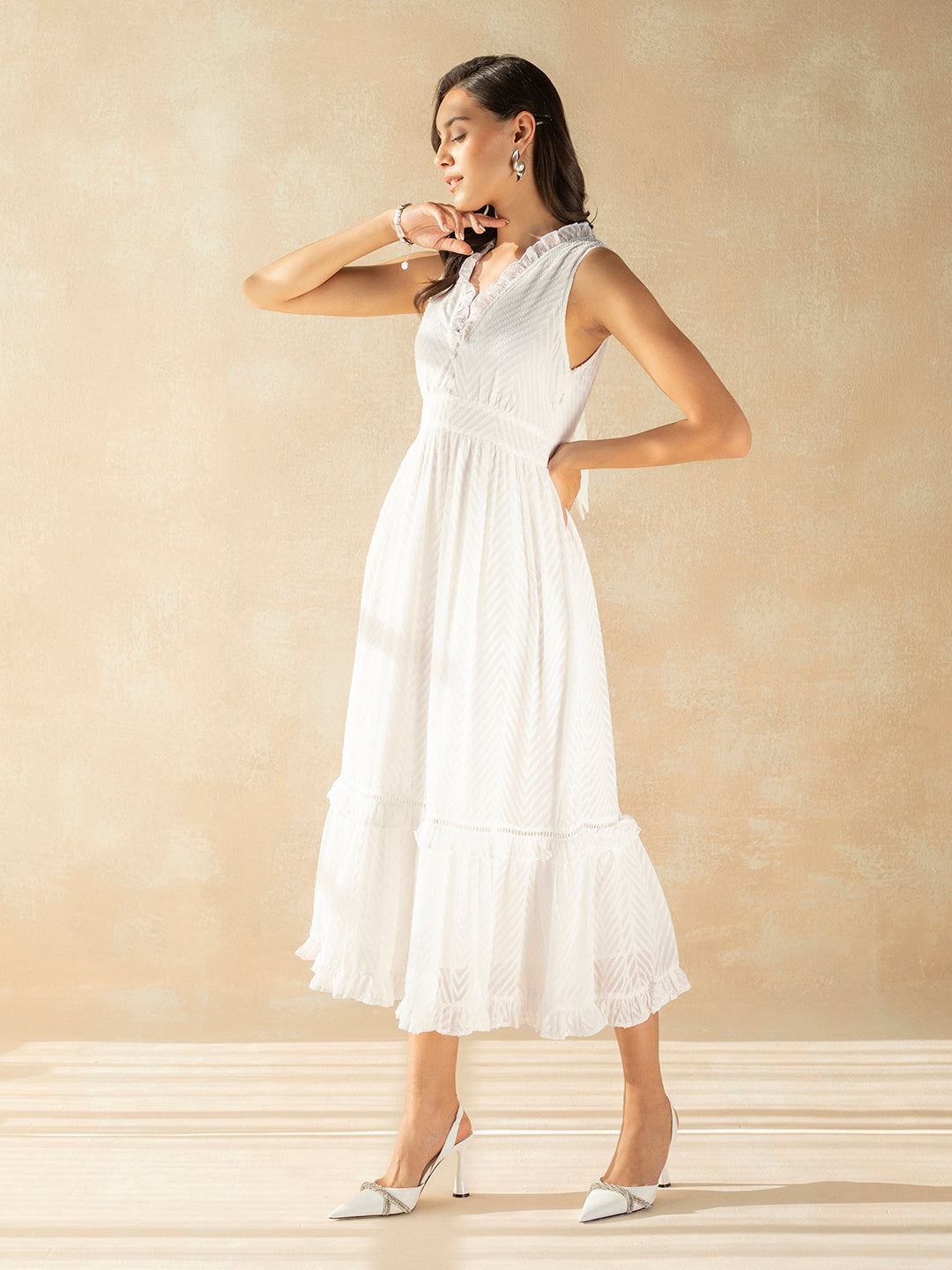 White Chevron Dobby Tiered Maxi Dress