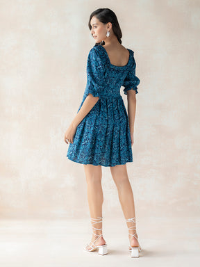 Blue Paisley Frill Detail Mini Dress