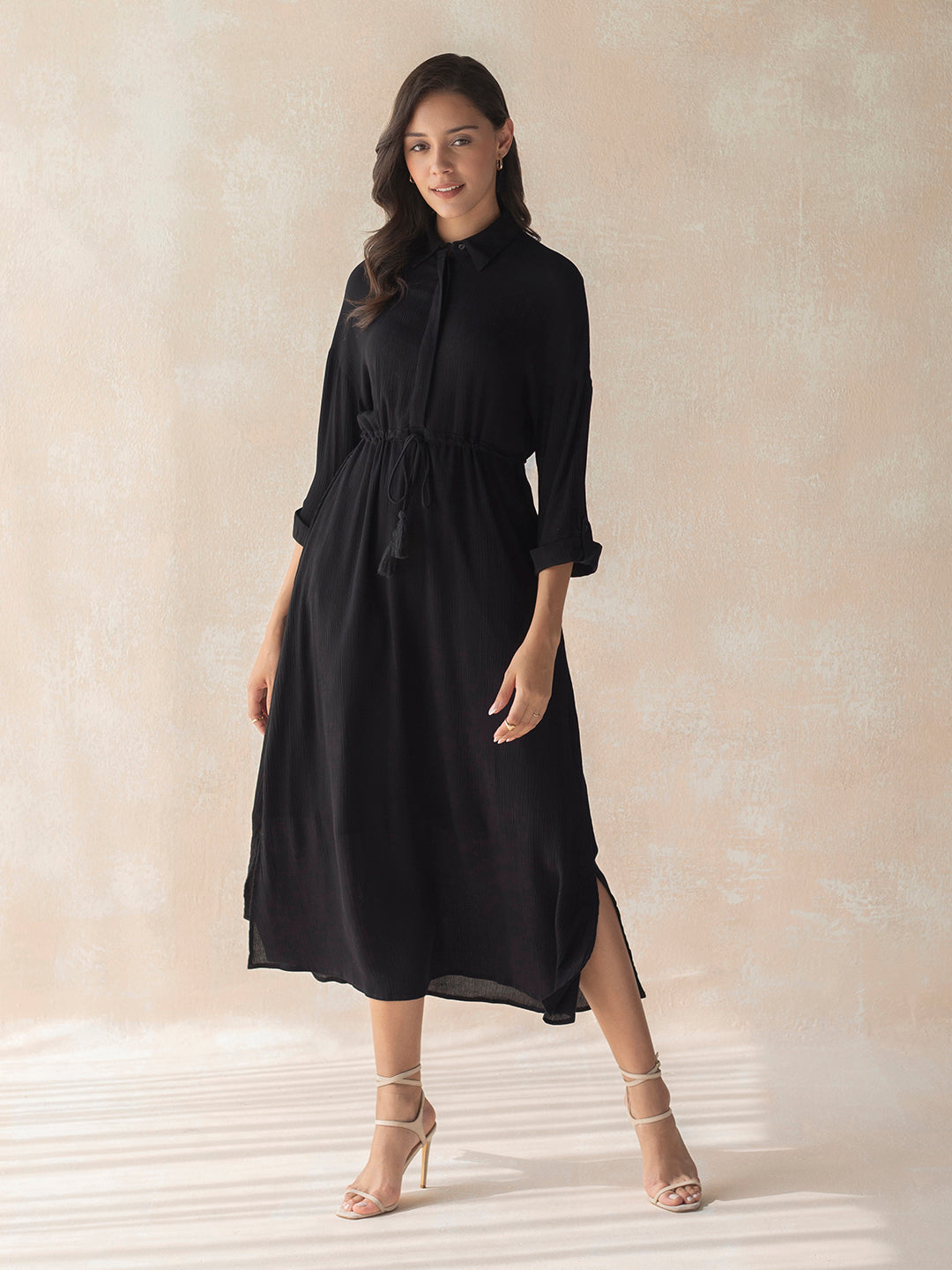 Black Crinkled Shirt Maxi Dress