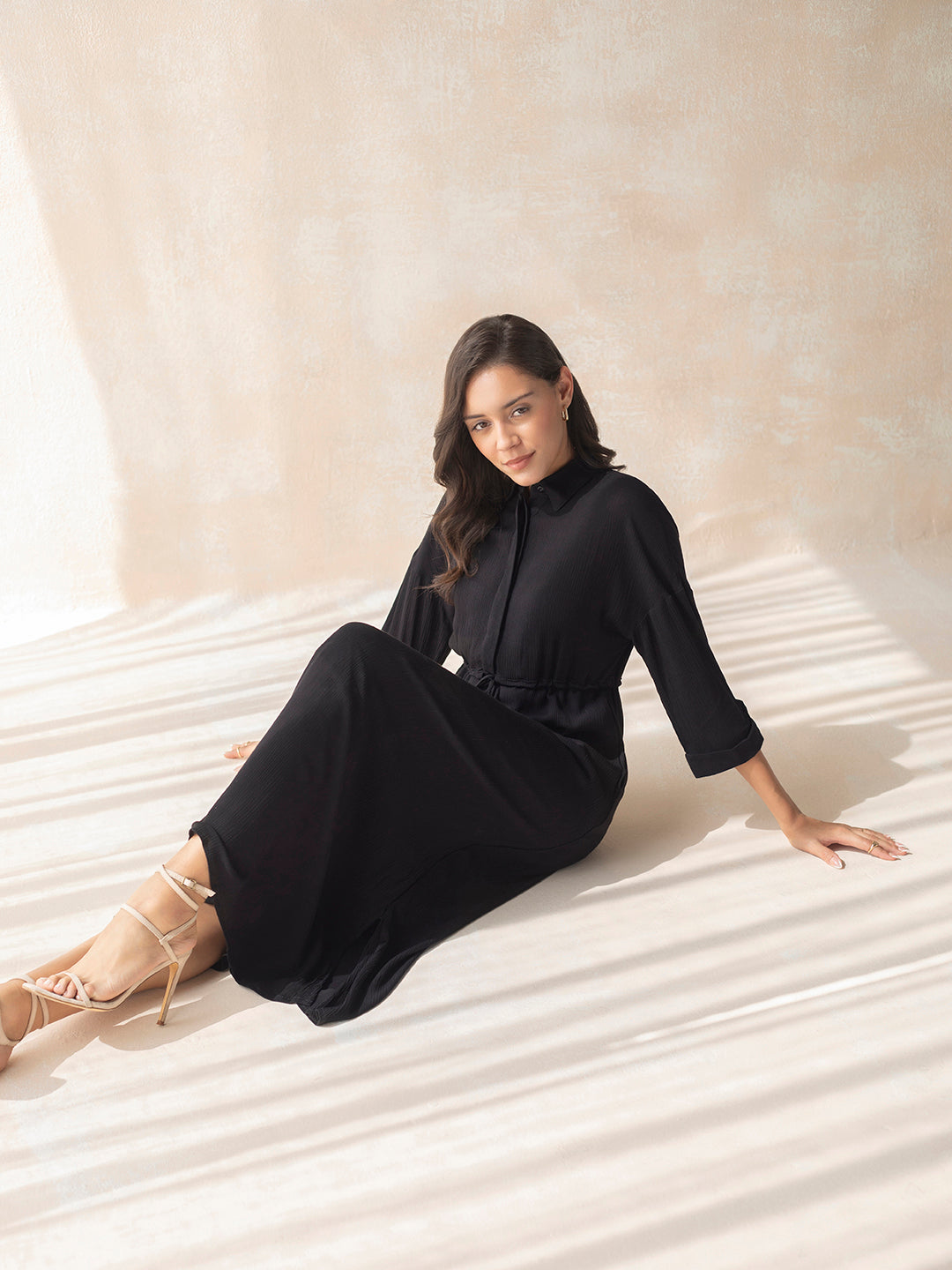 Black Crinkled Shirt Maxi Dress