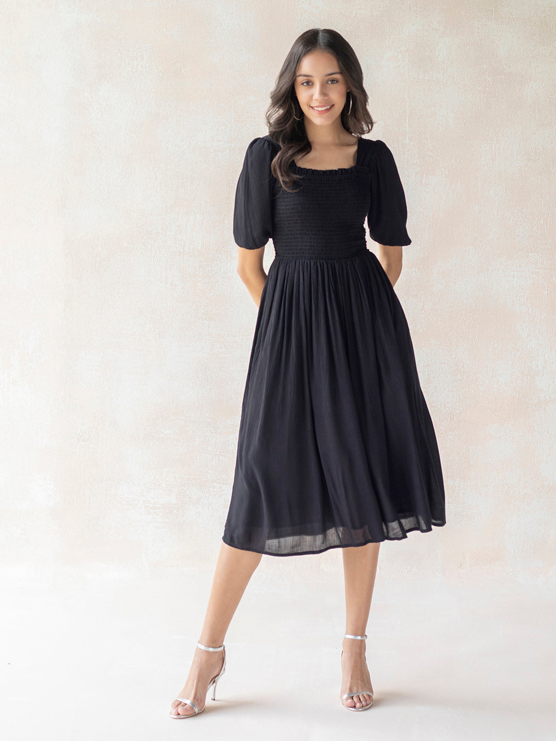 Black Crinkled Smocked Midi Dress
