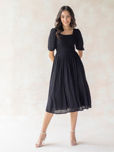 Black Crinkled Smocked Midi Dress