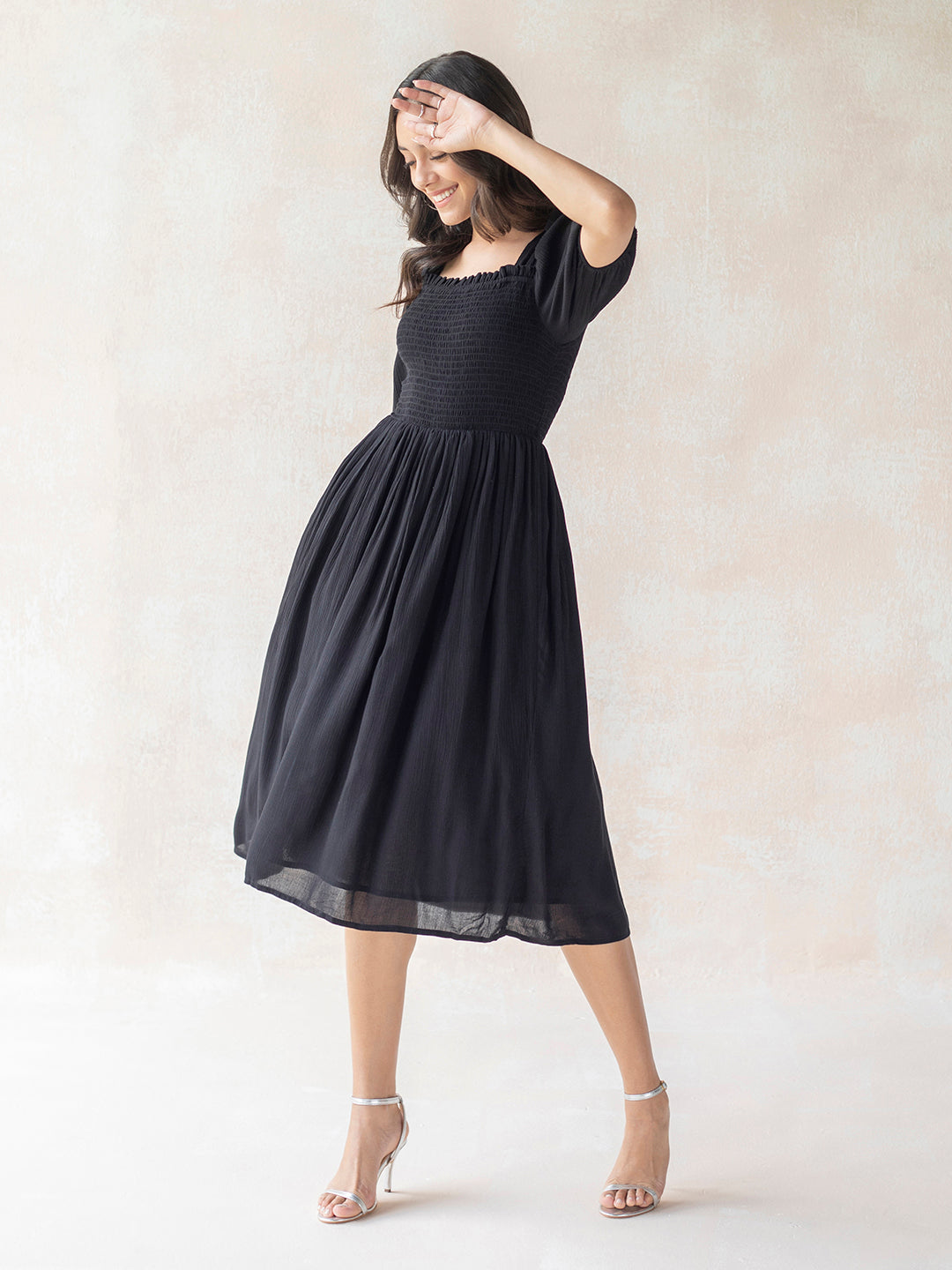Black Crinkled Smocked Midi Dress