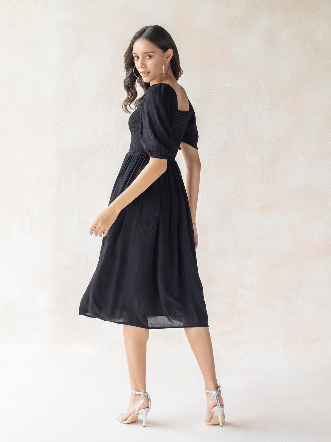 Black Crinkled Smocked Midi Dress