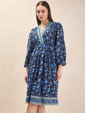 Blue Border Printed Wrap Midi Dress
