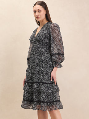 Black Floral Printed Wrap Midi Dress