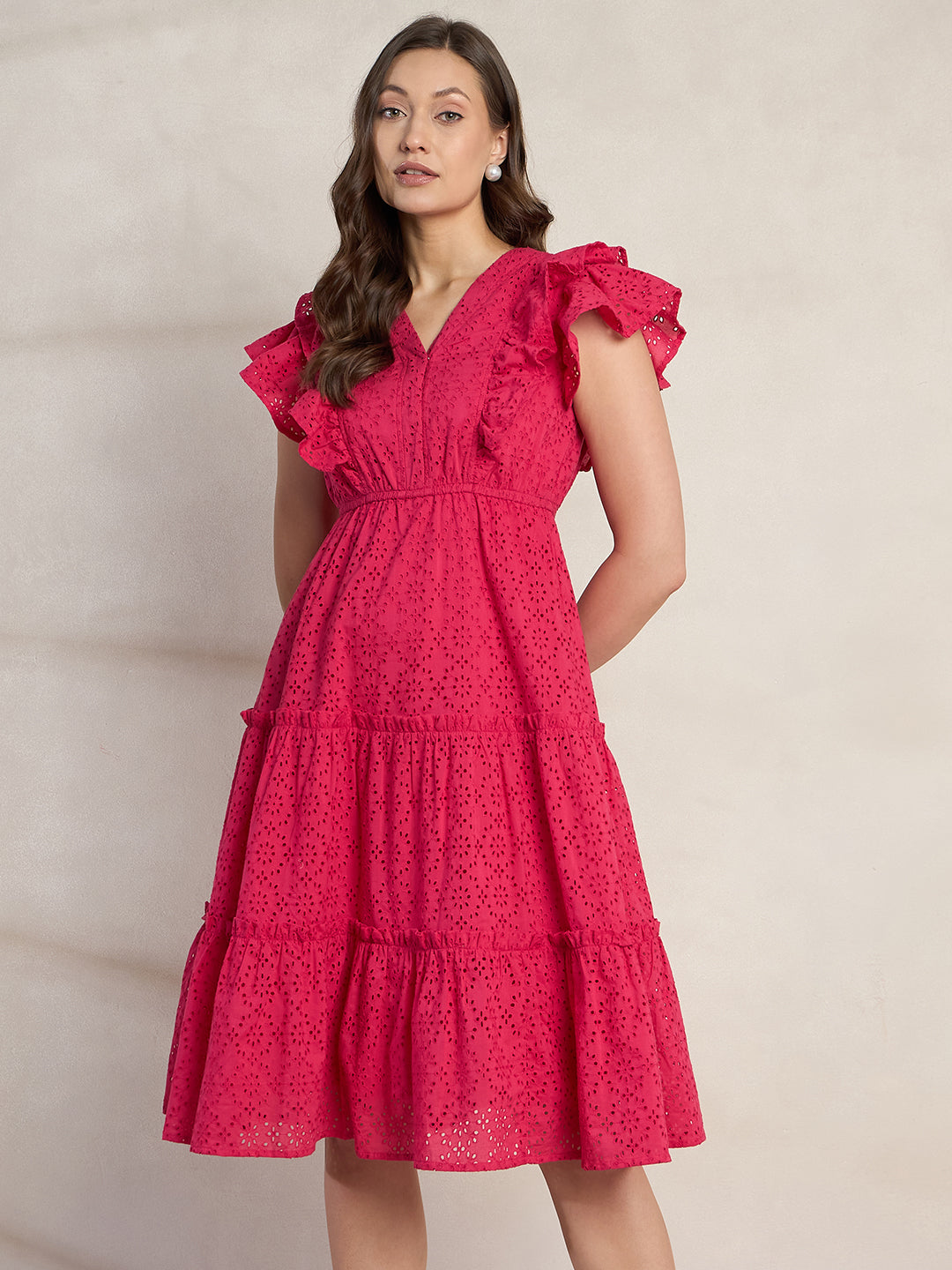 Pink Ruffle Tiered Midi Dress