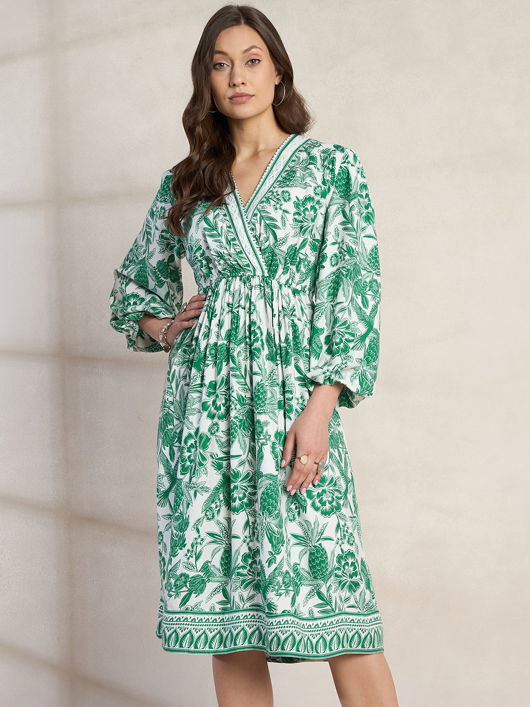 Green Border Printed Wrap Midi Dress