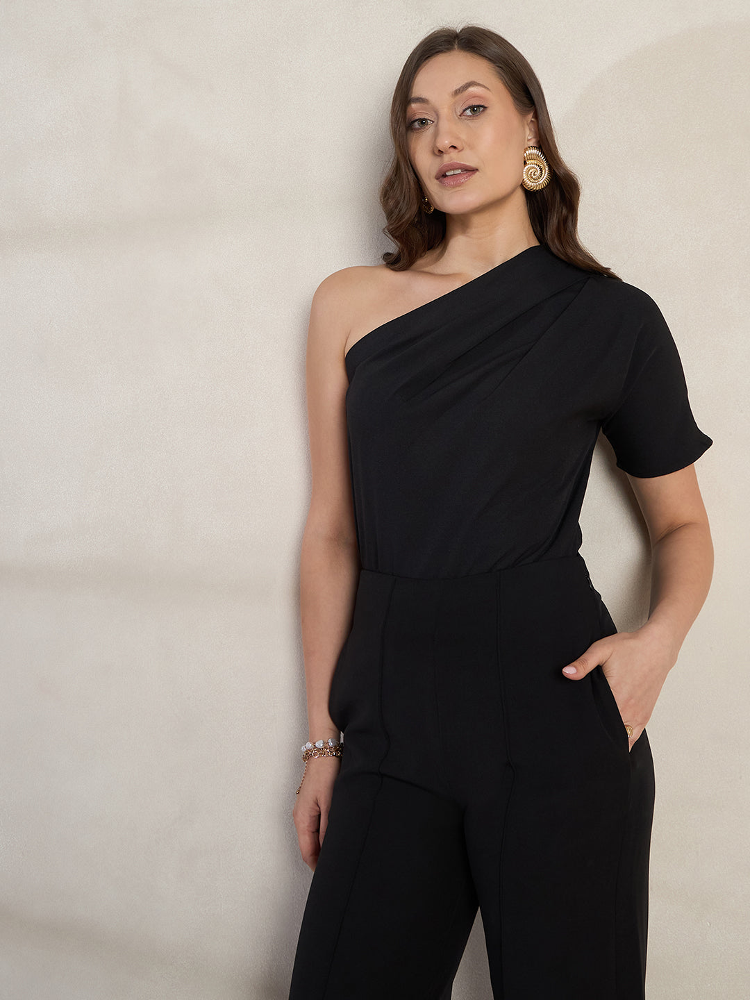 Black Pleated One Shoulder Top