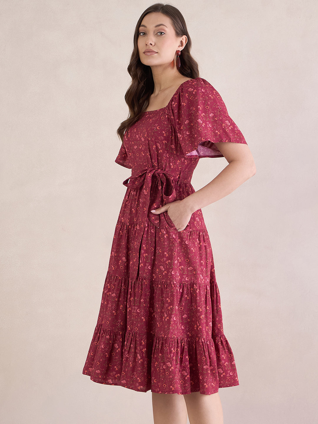 Red Ditsy Floral Tiered Midi Dress