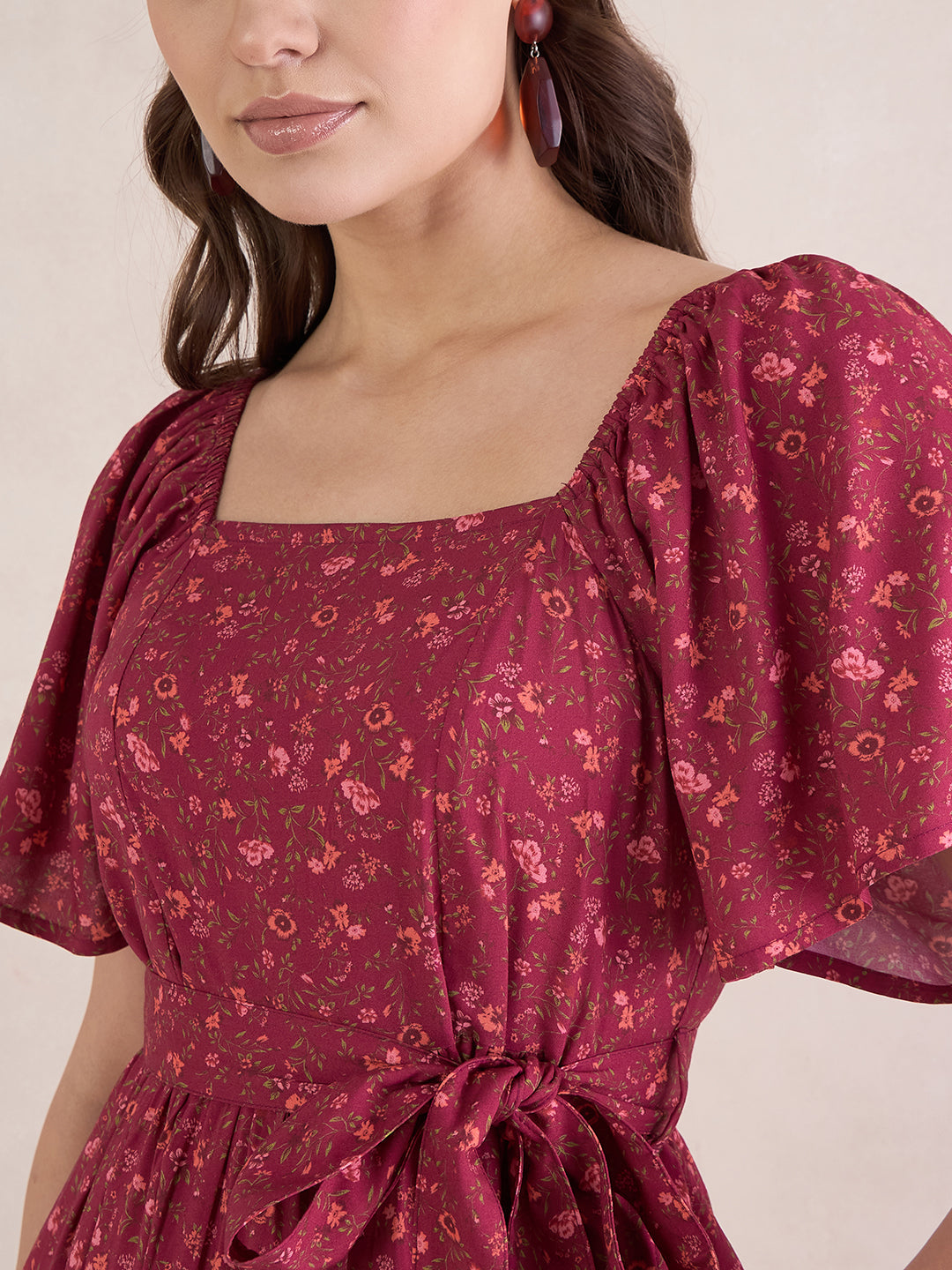 Red Ditsy Floral Tiered Midi Dress