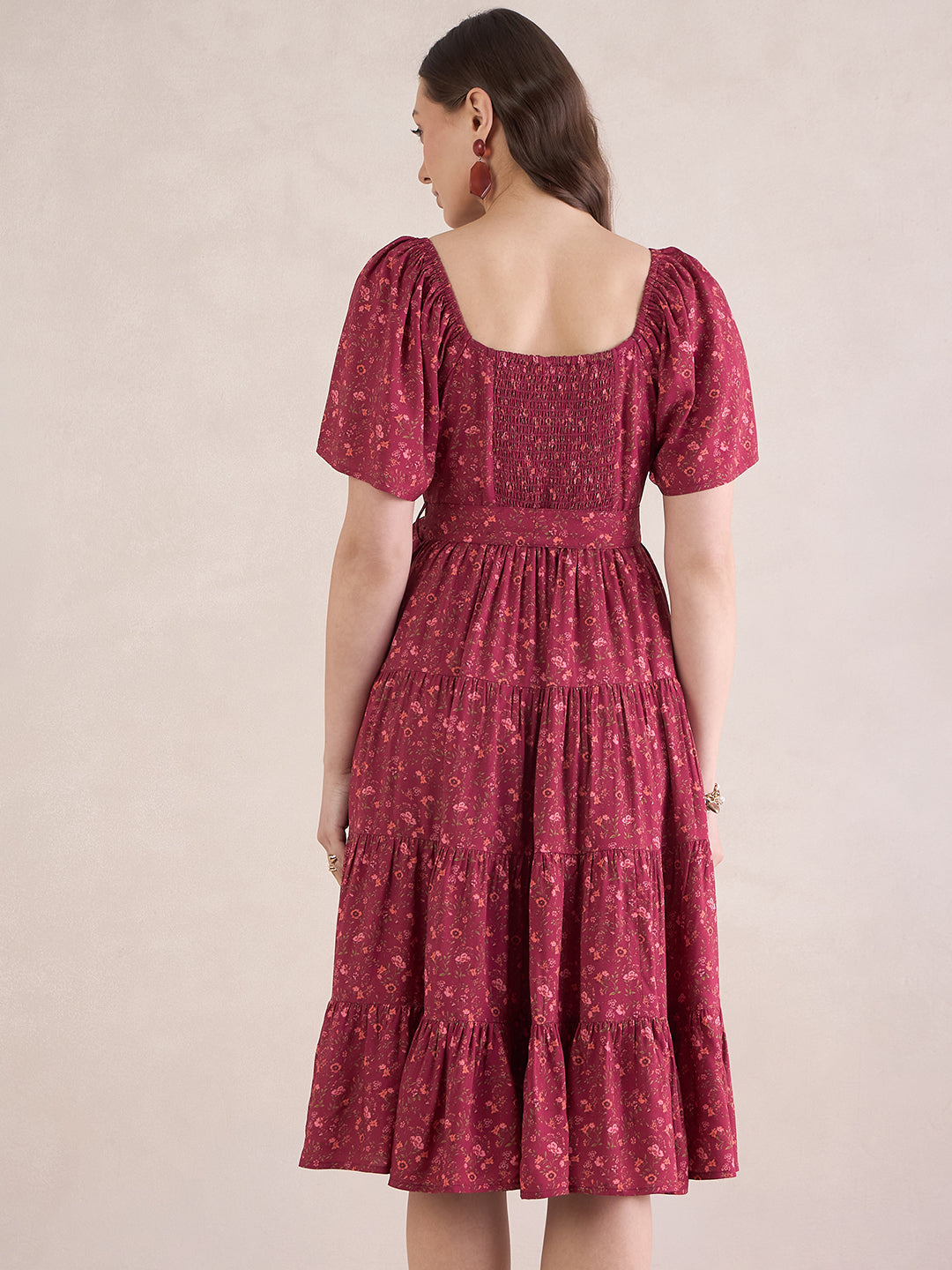 Red Ditsy Floral Tiered Midi Dress