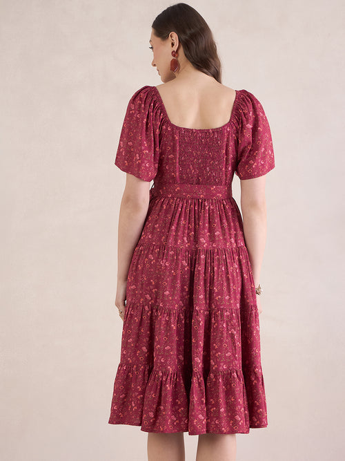 Red Ditsy Floral Tiered Midi Dress