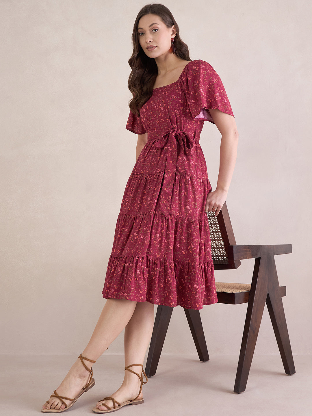 Red Ditsy Floral Tiered Midi Dress