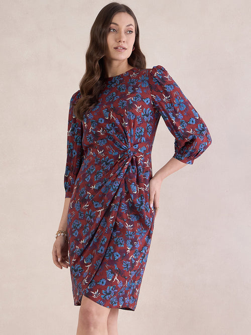Red Floral Print Knotted Knee Length Dress