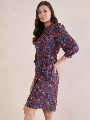 Red Floral Print Knotted Knee Length Dress