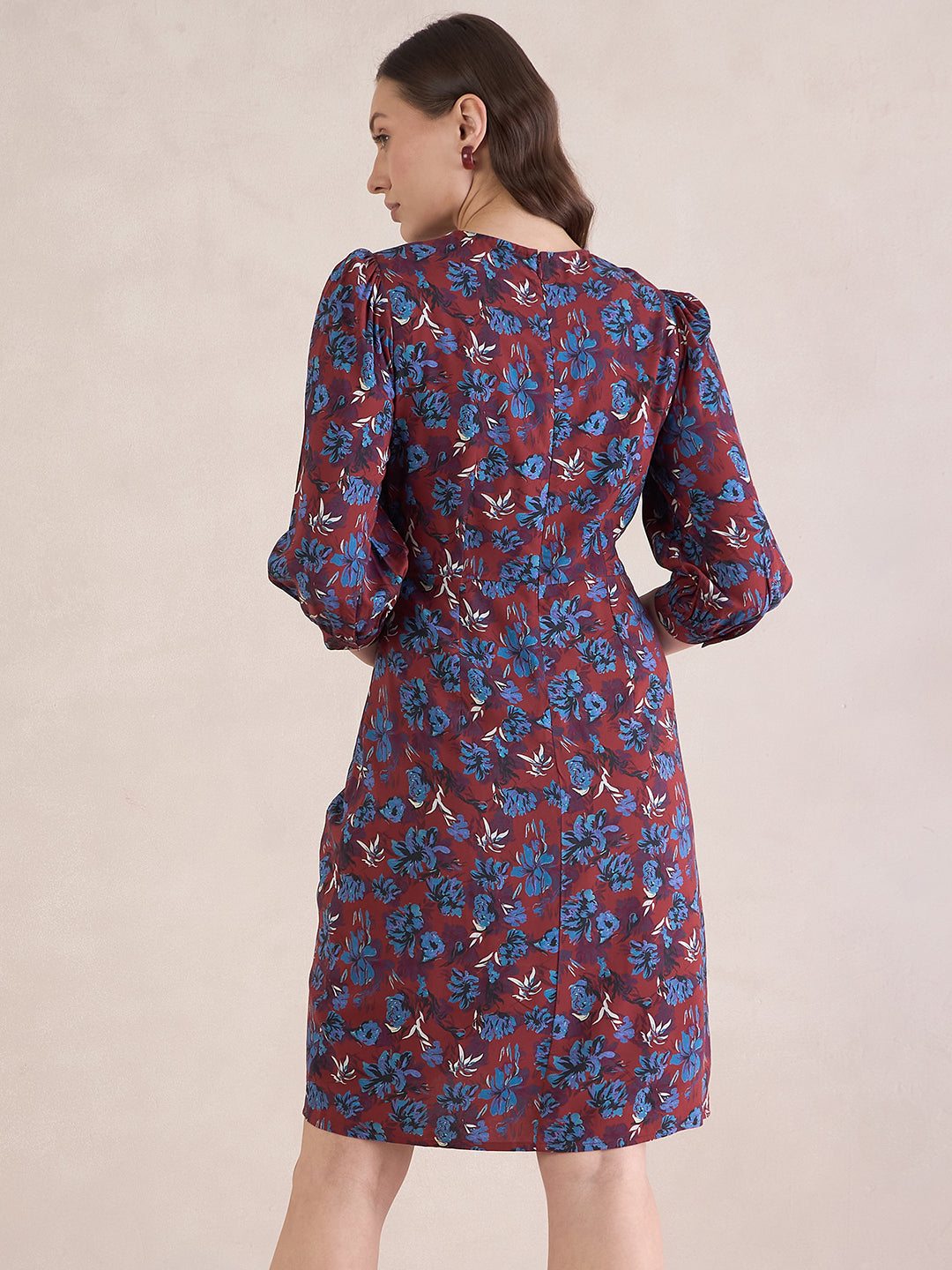 Red Floral Print Knotted Knee Length Dress