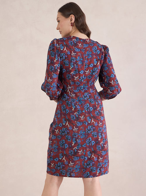 Red Floral Print Knotted Knee Length Dress