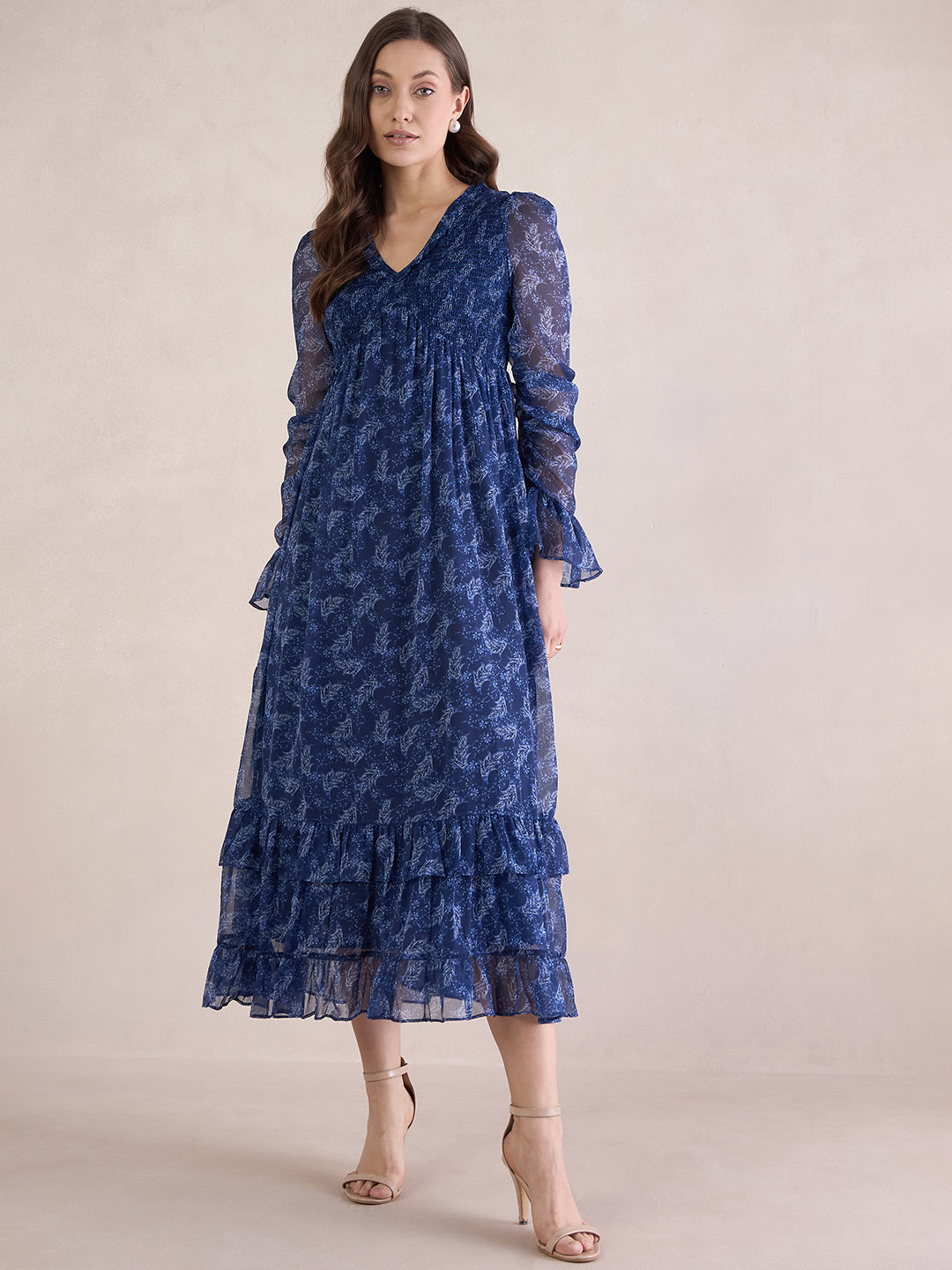 Blue Printed Smocked Tiered Maxi Dresss