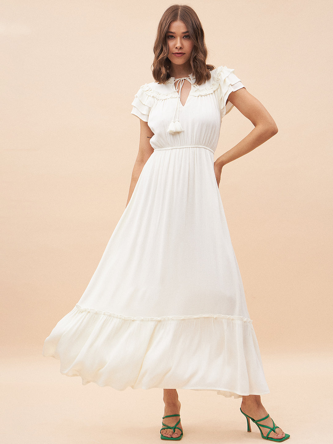 Off White Ruffle Detailing Tiered Maxi Dress