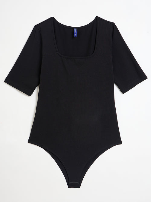 Black Cotton Knit Bodysuit