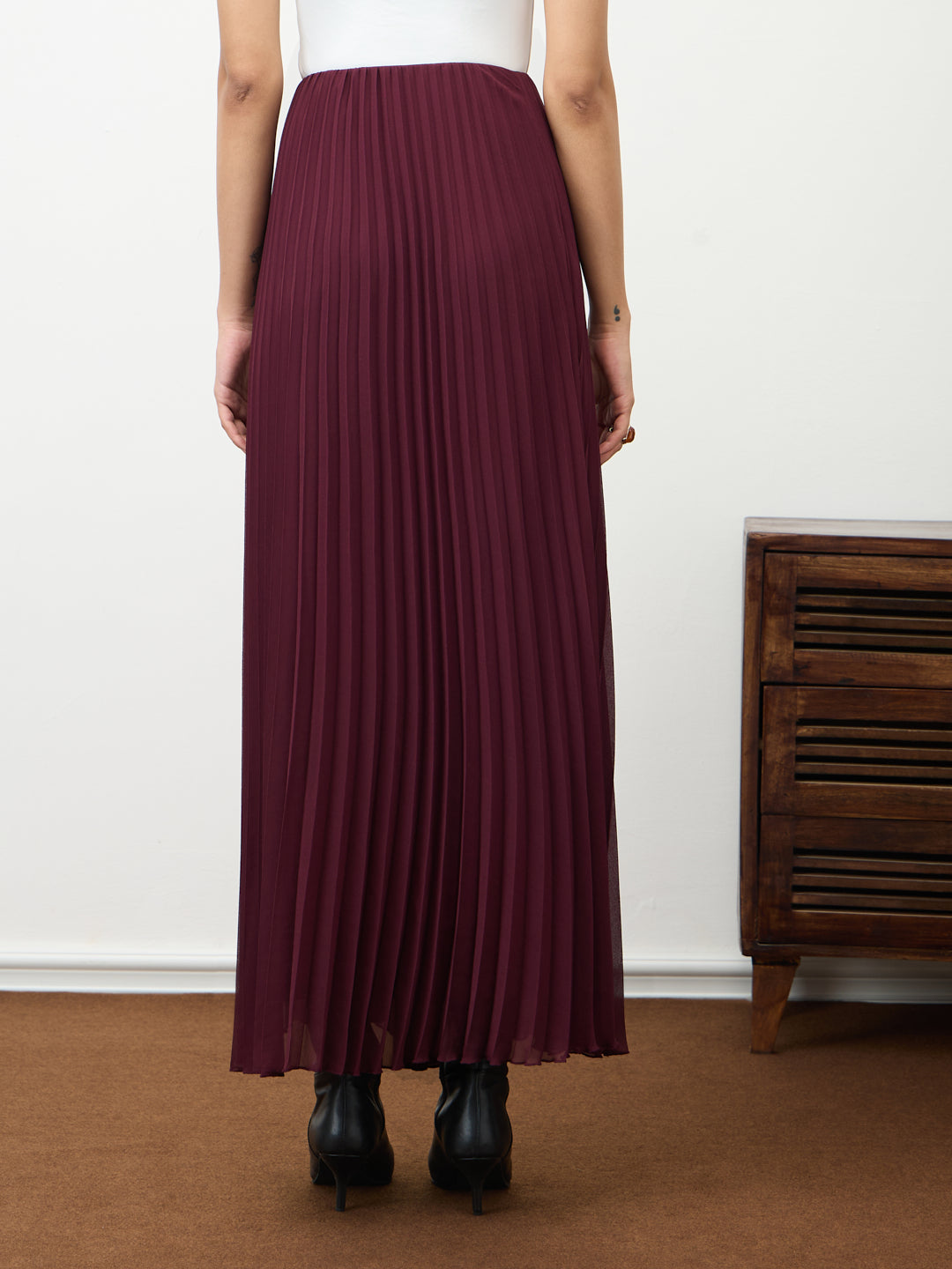 Wine Pleated Maxi Skirt
