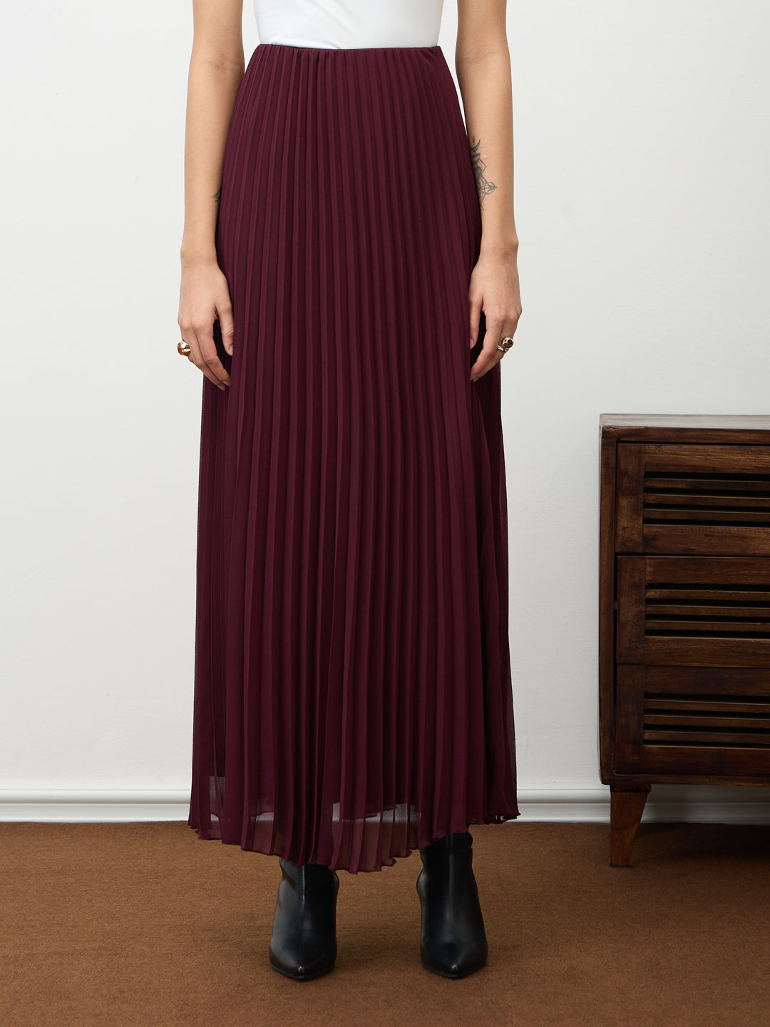 Wine Pleated Maxi Skirt